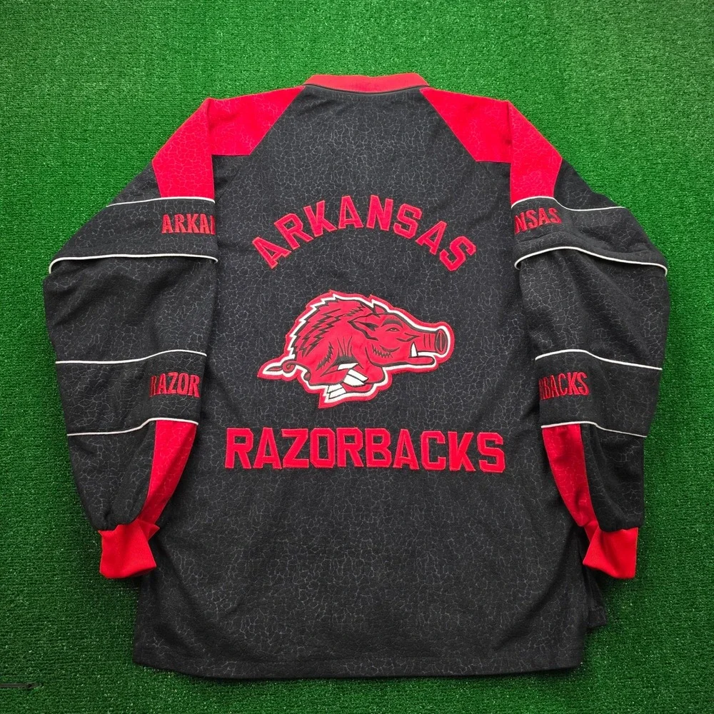 Vintage Arkansas Razorbacks Warmup Jacket Mens Large/XL Red Black Crackle Print